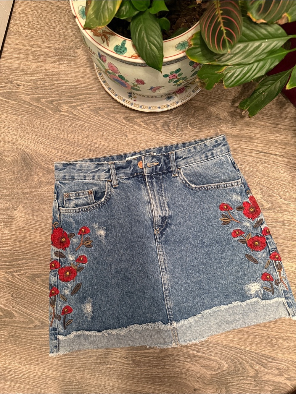 Zara Blue Denim Mini Skirt with Red Floral Embroidery